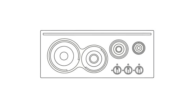 Modern Kitchen Cooktop Line Art Illustration. Overhead View of Stovetop with Four Burners and Control Knobs, Outline Icon