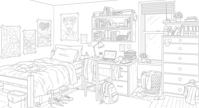 Detailed line art illustration of a messy student bedroom, cluttered college dorm room interior drawing for design resources