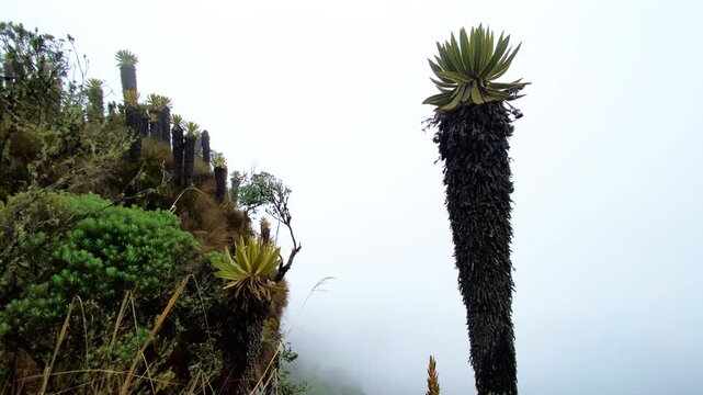 Pan up reveal shot of frailejones Espeletia and native p&aacute;ramo vegetation gently swaying in wind against white cloudy sky, volcanic slopes near Murillo Colombia.