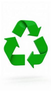 Green recycling symbol rotates in a continuous loop against a white background. Smooth 3D rendering highlights the glossy texture and clean studio lighting.