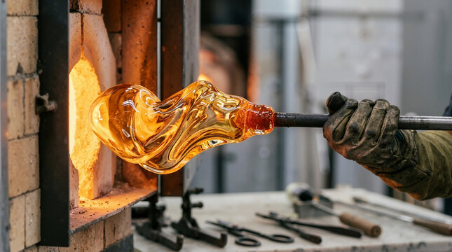 Glass blower gathering glowing molten glass from a hot furnace. Artisan holding a blowpipe with hot orange glass in a workshop