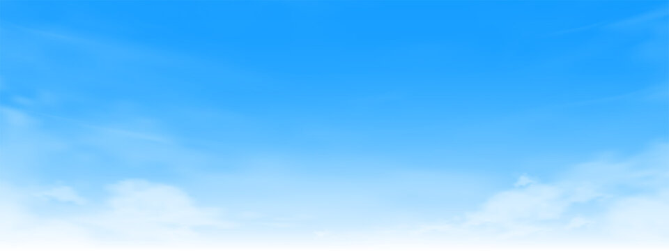 Sky Blue with Light Background, White Clouds Clear Sky Over Summer Beach,Vector Horizon Sunlight, Cirrus Cloudy for Heaven for Web Design Banner. Concept Spring Nature Art Illustration