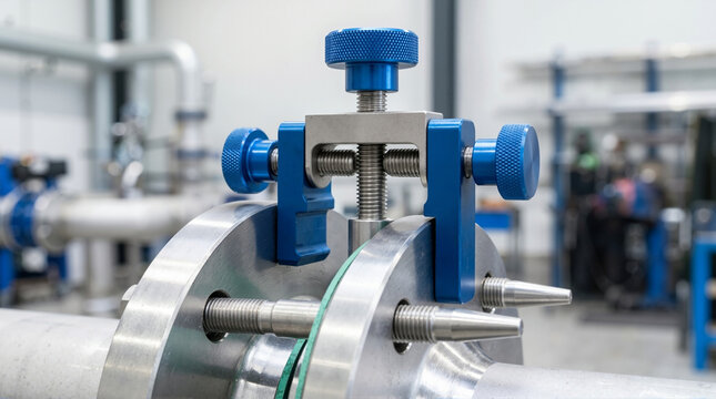 Flange alignment tool clamped on pipe flanges. Industrial piping maintenance and assembly equipment. Close up of mechanical tool in a factory