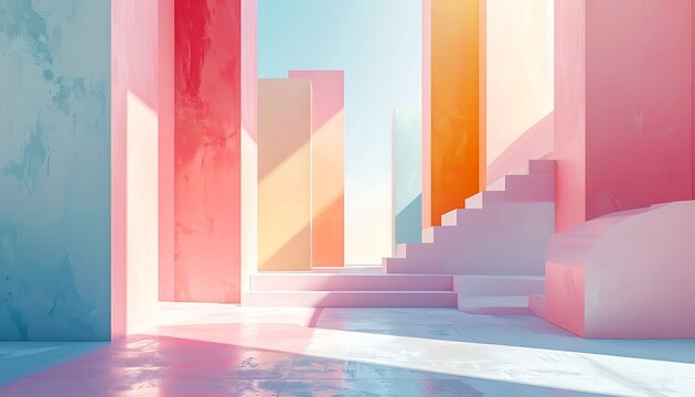 A colorful architectural rendering with pastel walls and stairs