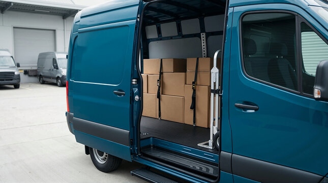 Blue delivery van with open side door showing stacked cardboard boxes. Logistics and cargo shipping concept