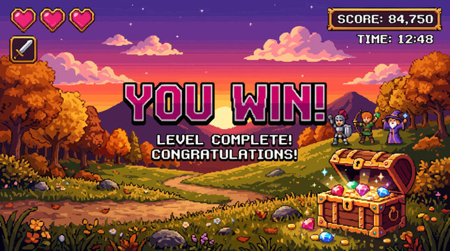 Pixel art game victory screen with 'YOU WIN!' message, fantasy characters and open treasure chest in a vibrant sunset landscape, illustrating gaming achievement and symbolizing success and reward