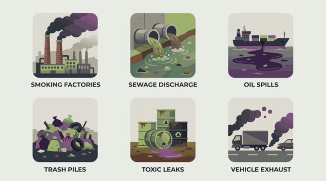 Flat design icons show various pollution types: factory smoke, sewage, oil spills, trash, toxic leaks, vehicle exhaust, illustrating environmental degradation and the need for ecological preservation