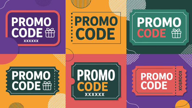 Colorful promo code banners with discount and sale text on vibrant background
