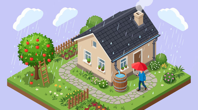 Isometric illustration of a cozy country house with a lush garden, apple tree, vegetable patch and a rain barrel collecting water, illustrating sustainable rainwater harvesting and home gardening