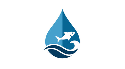 Obraz premium Clean two-tone graphic icon depicting a white fish jumping over dark blue waves within a vibrant blue water drop shape, Symbolizing aquatic ecosystem health and sustainable resource management