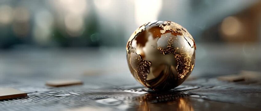 Golden globe with detailed map rotates slowly on a surface with blurred background in a bright setting during daylight hours