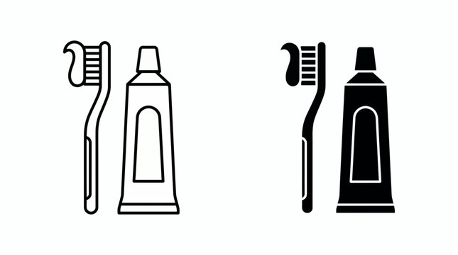 Two sets of minimalist line and solid black icons showing a toothbrush with toothpaste and a toothpaste tube, Symbolizing oral hygiene and modern dental care concepts