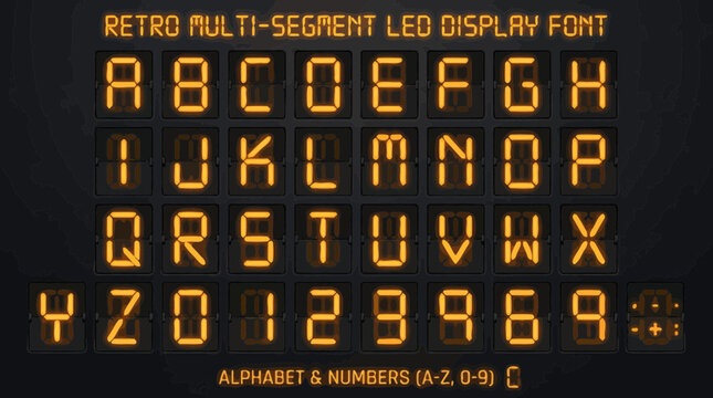 Vibrant orange retro multi-segment LED display font showcasing full alphabet, numbers and symbols, representing digital interface design and vintage technology aesthetics