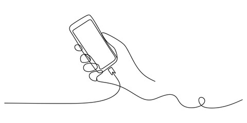 Obraz premium Minimalist line art hand holding smartphone, mobile phone illustration, one line drawing, simple icon, digital graphics