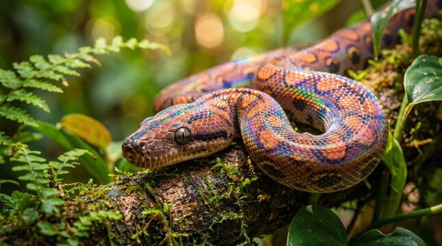Colorful Boa Constrictor Resting on Tree Branch in Lush Jungle