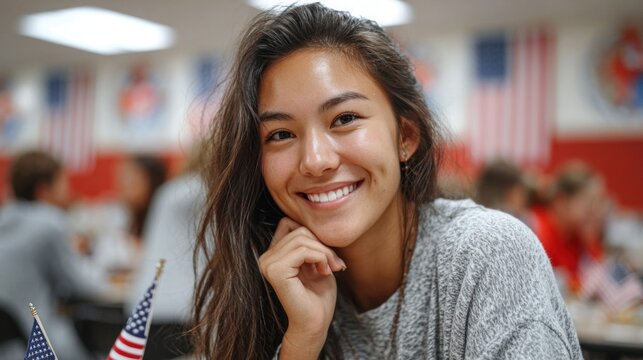 Smiling young woman with dimples poses for a portrait in a room with flags