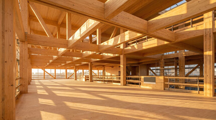Naklejka premium Interior view of modern mass timber building under construction with exposed wooden beams, columns, scaffolding and sunlight shadows