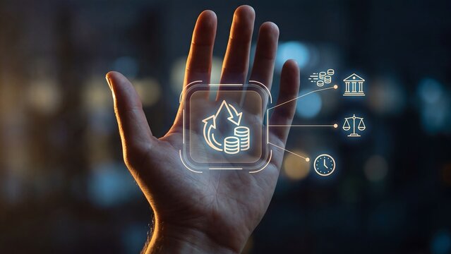 Open hand holding glowing holographic money recycling interface with coins bank scales and clock icons showing financial refinancing loan repayment cash flow and banking investment cycle concept