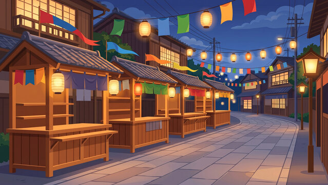 Animated Japanese Festival Street at Night with Illuminated Lanterns and Colorful Decorations