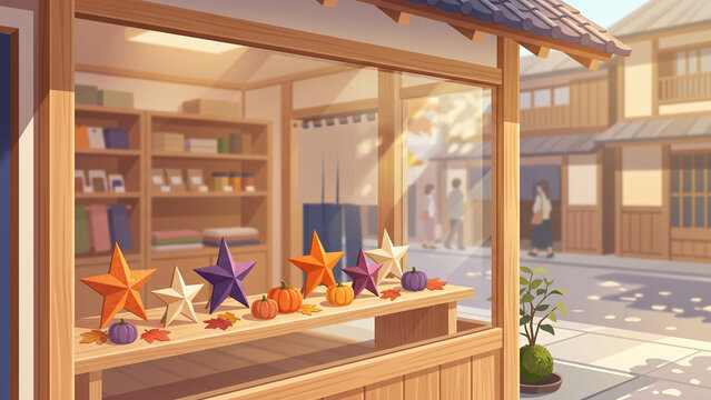 Traditional Japanese Street Shop Window with Autumn Decorations and Colorful Stars