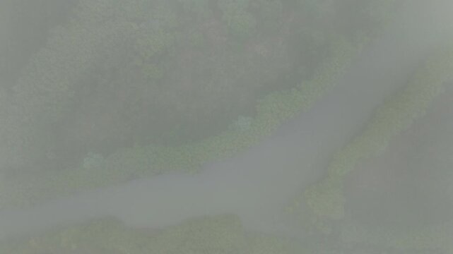 Aerial drone descends through mist revealing lush river bend, Pucon, Chile.