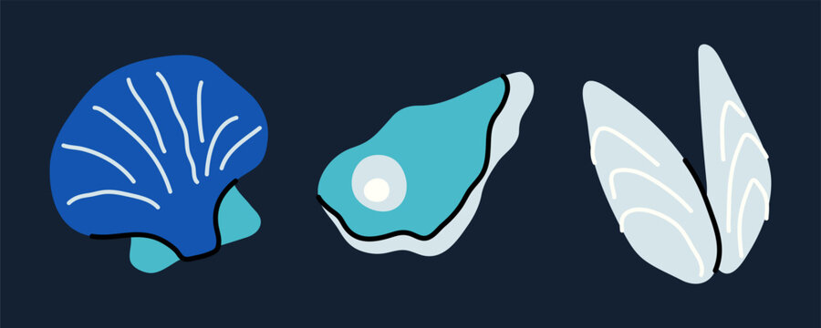 Oyster shell with white pearl, blue scallop, and open white mussel vector elements. Isolated marine icons set on dark background for seafood designs