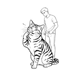 Fototapeta premium A young man observes a tabby cat grooming its paw with a playful expression and a small splash of water