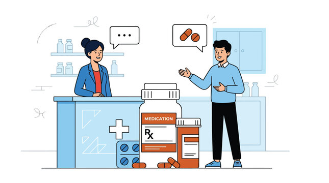 Friendly pharmacist talking to a customer about prescription medication in this colorful flat vector illustration design