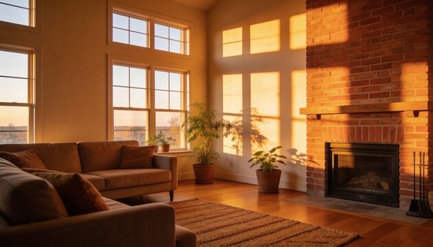 Basking plush sofa and loveseat soaking golden-hour sunlight in living room, with brick fireplace