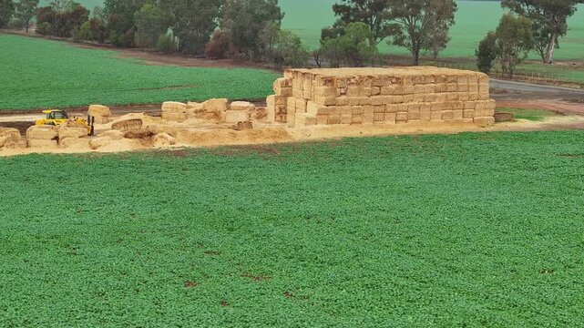 Large haystack sits beside green crop paddocks and gum trees near Yarrawonga