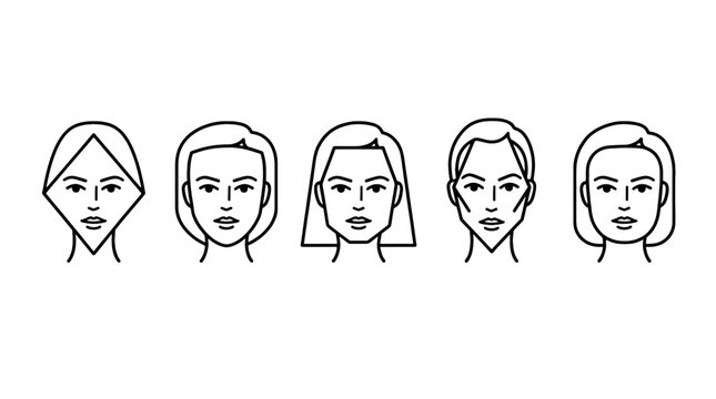 Female Face Shape Icons Outline Vector Set for Beauty Hairstyle and Makeup Guide
