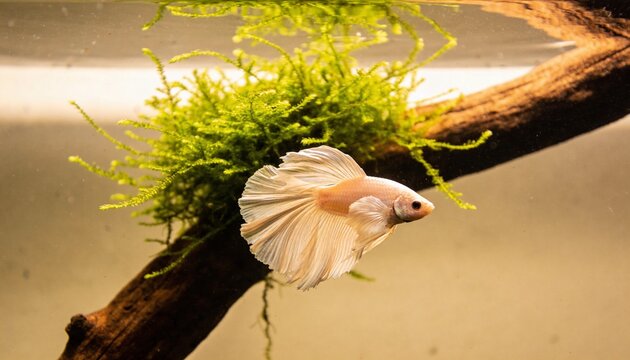 Swimming pale Betta fish fanning flowing fins in tank under warm light, near mossy driftwood