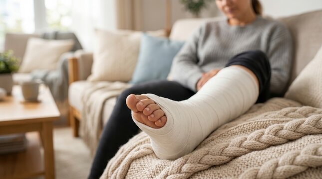 Woman Resting with Bandaged Leg at Home