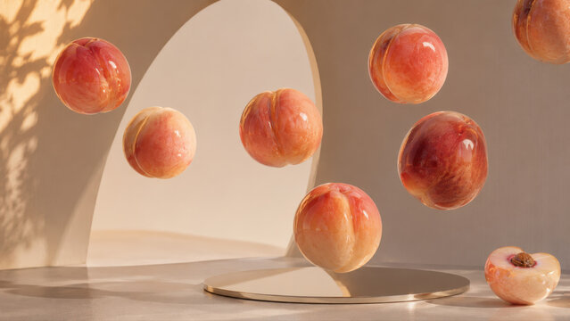 Peaches suspended in light and space
