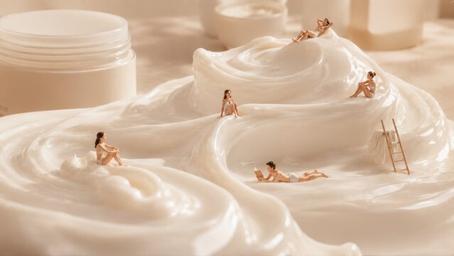 Cream and tiny figures on a surface