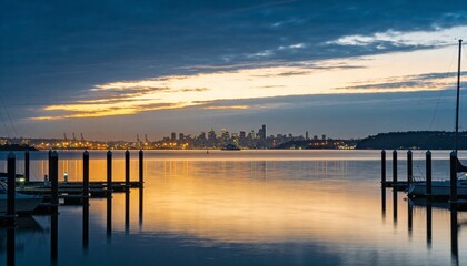 Obraz premium Reflecting bay water mirroring city skyline at dusk, with wooden piers, pilings, sailboats, cranes