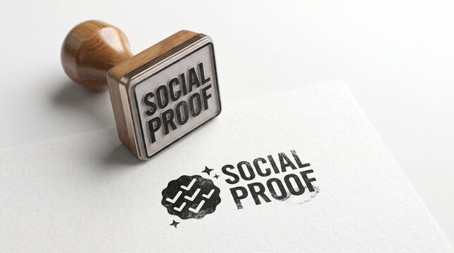 Social proof rubber stamp on white paper, marketing validation concept with black ink imprint, wooden handle stamper for business credibility