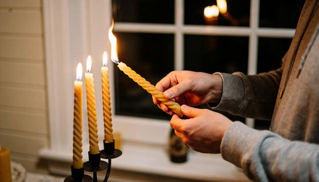 Lighting male hands holding twisted candle at white window, with metal candelabrum and gray hoodie