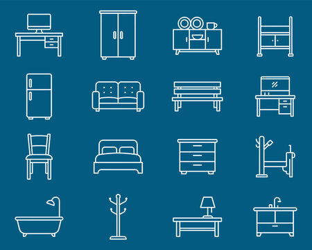 Set of furniture icons, thin line style, vector illustration collection of home interior objects including desk, wardrobe, sofa, bed, chair, bathtub, and storage units for modern living space design