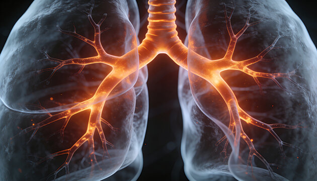 Showing translucent lungs, trachea splitting into bronchi and glowing bronchioles in dark backdrop