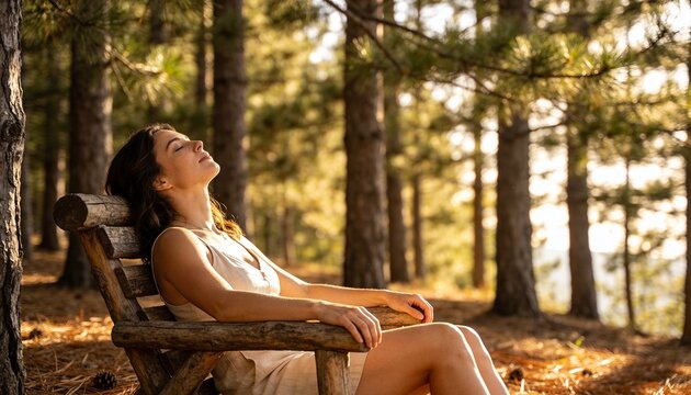 Leaning woman basking in sunlight at pine woodland, on rustic bench wearing beige sleeveless dress