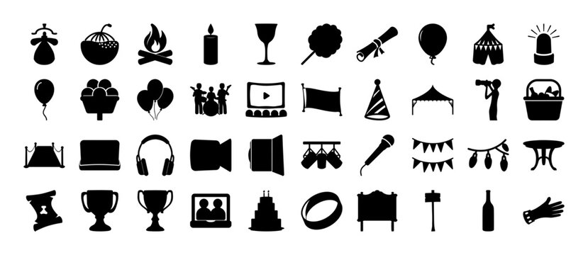 Party, Celebration and Event Icon Set - Black silhouette icon collection featuring party decorations, food, drinks, gifts, music, celebrations, entertainment and festive event symbols.