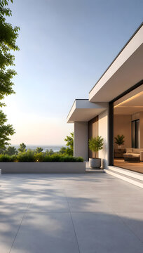 Modern luxury house in the city park on a bright morning day