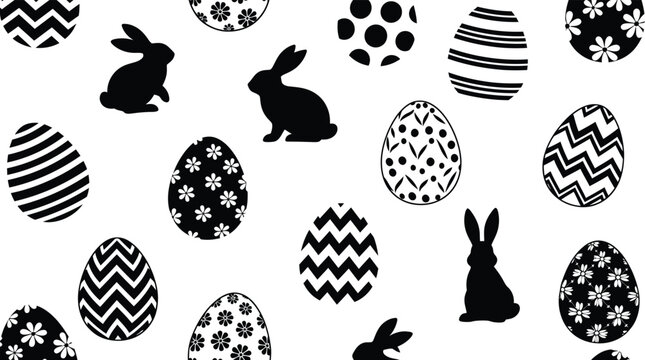 Easter seamless pattern with decorative patterned eggs and cute rabbits black silhouette background wallpaper