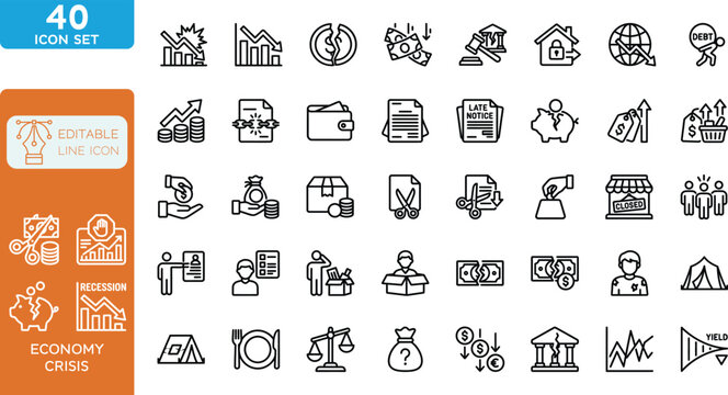 Economy Crisis line editable Icons set. Vector illustration. Contain icons related to Economic downturn, stock marker cash, Decrease, layoff, job fired, recession, credit crunch, and more. on transpar
