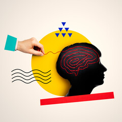 Creative collage with human profile and red thread maze symbolizing psychology, mental health, emotional complexity, problem solving, therapy and self-discovery. © svetazi