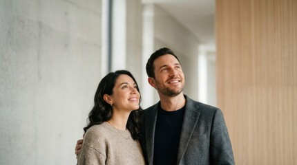 Obraz premium Two people standing together looking upward with optimistic expressions of hope, shared inspiration, breakthrough, and mutual trust for a bright future.