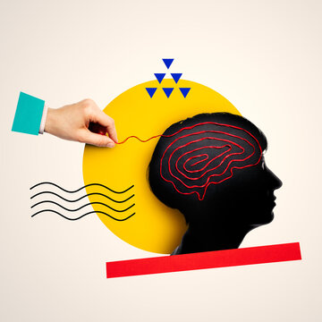 Creative collage with human profile and red thread maze symbolizing psychology, mental health, emotional complexity, problem solving, therapy and self-discovery.