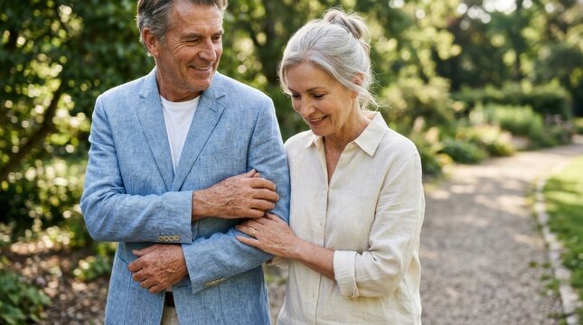 A mature couple walking down a beautiful park path with linked arms, demonstrating mutual support, lifelong trust, deep respect, and genuine happiness.