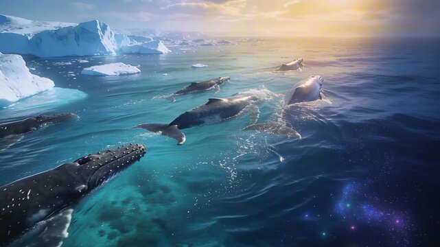 epic seasonal migration scene with whale moving through changing ocean environment perfect for World Whale and Dolphin Day